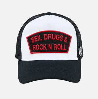 Cult Of Individuality | Cult's Logo Mesh Back Trucker Hat "Sex Drugs Rock N Roll" in White