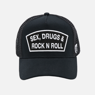 Cult Of Individuality |  Cult's Logo Mesh Back Trucker Hat "Sex Drugs Rock N Roll" in Black