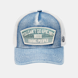 Cult Of Individuality | Mesh Trucker Hat "Epic Shit" Crystals In Blue Denim