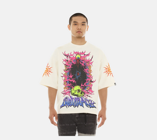Cult Of individuality | Oversized Short Sleeve Crew Neck Tee "Along Came A Spider" in Winter White