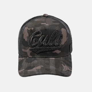 Cult Of Individuality | Mesh Back Trucker Hat "Camo Crystal Script" In Black Camo
