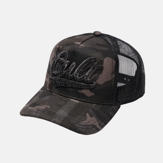 Cult Of Individuality | Mesh Back Trucker Hat "Camo Crystal Script" In Black Camo