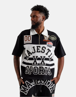 Majestik | STRIPE POLO SHIRT W/LOGO PATCHES AND STUDS