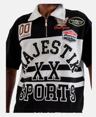 Majestik | STRIPE POLO SHIRT W/LOGO PATCHES AND STUDS